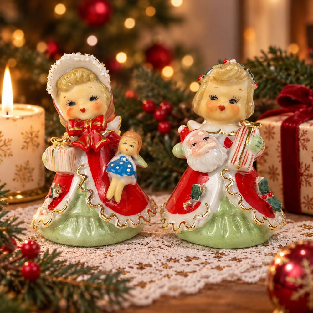 Beautiful Pair of Pristine Vintage Geo. Z. Lefton Christmas Angel Bells Figurine